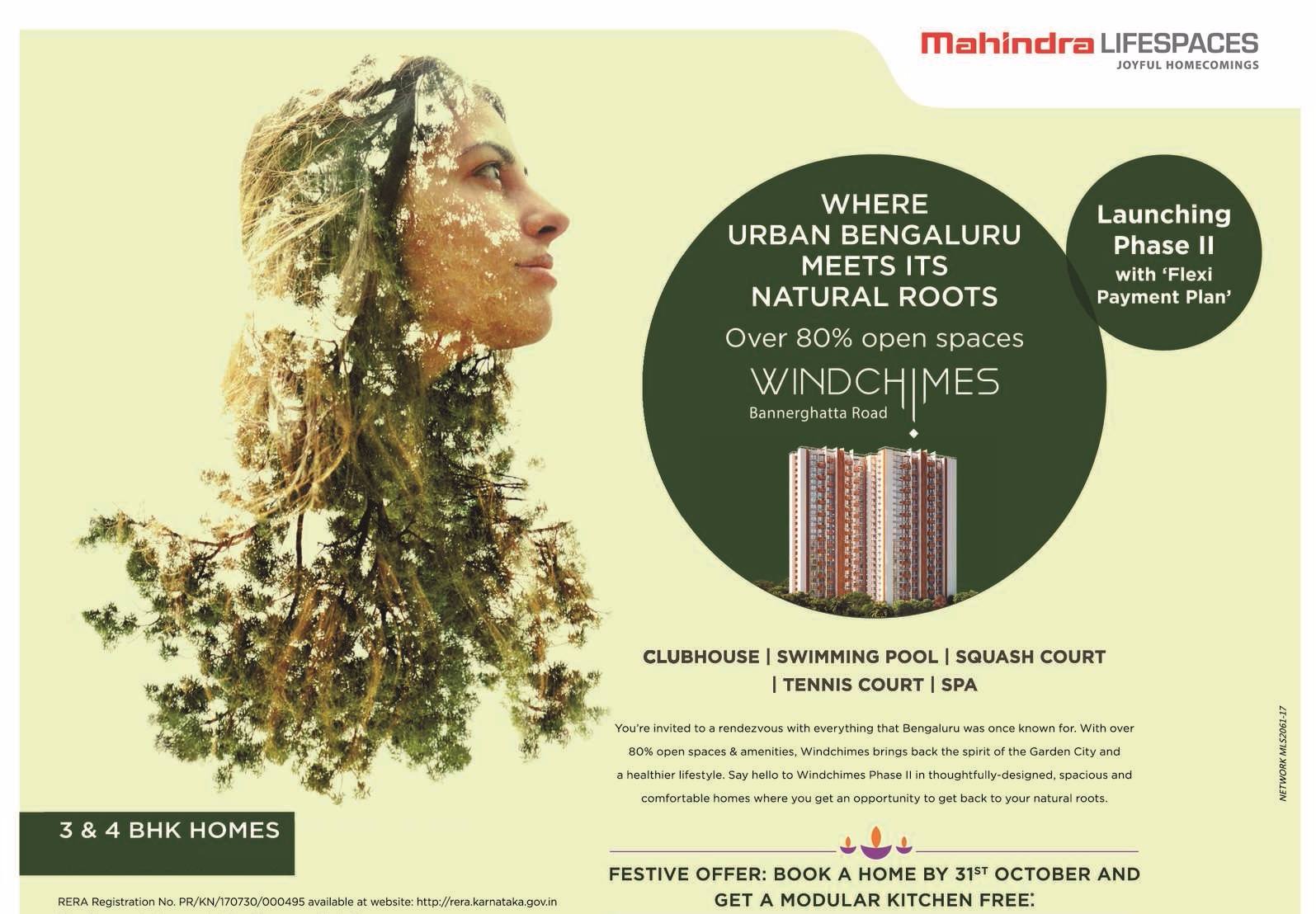 Book a home by 31st October and get a modular kitchen free at Mahindra Windchimes in Bangalore